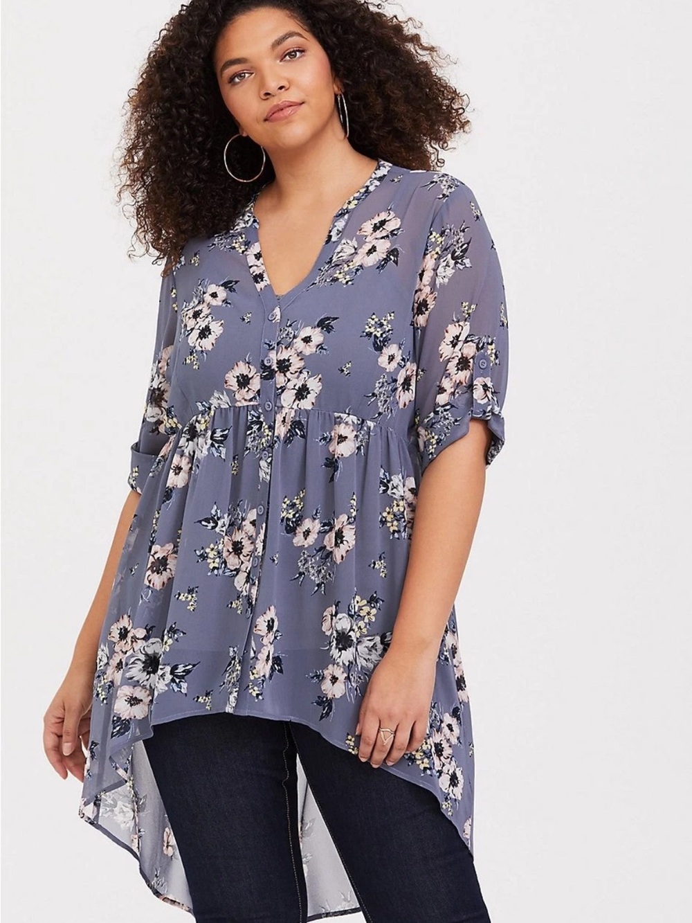 Torrid Lexie Floral‎ Chiffon Babydoll Sheer Blouse V-Neck High-Low Blue Grey 1X